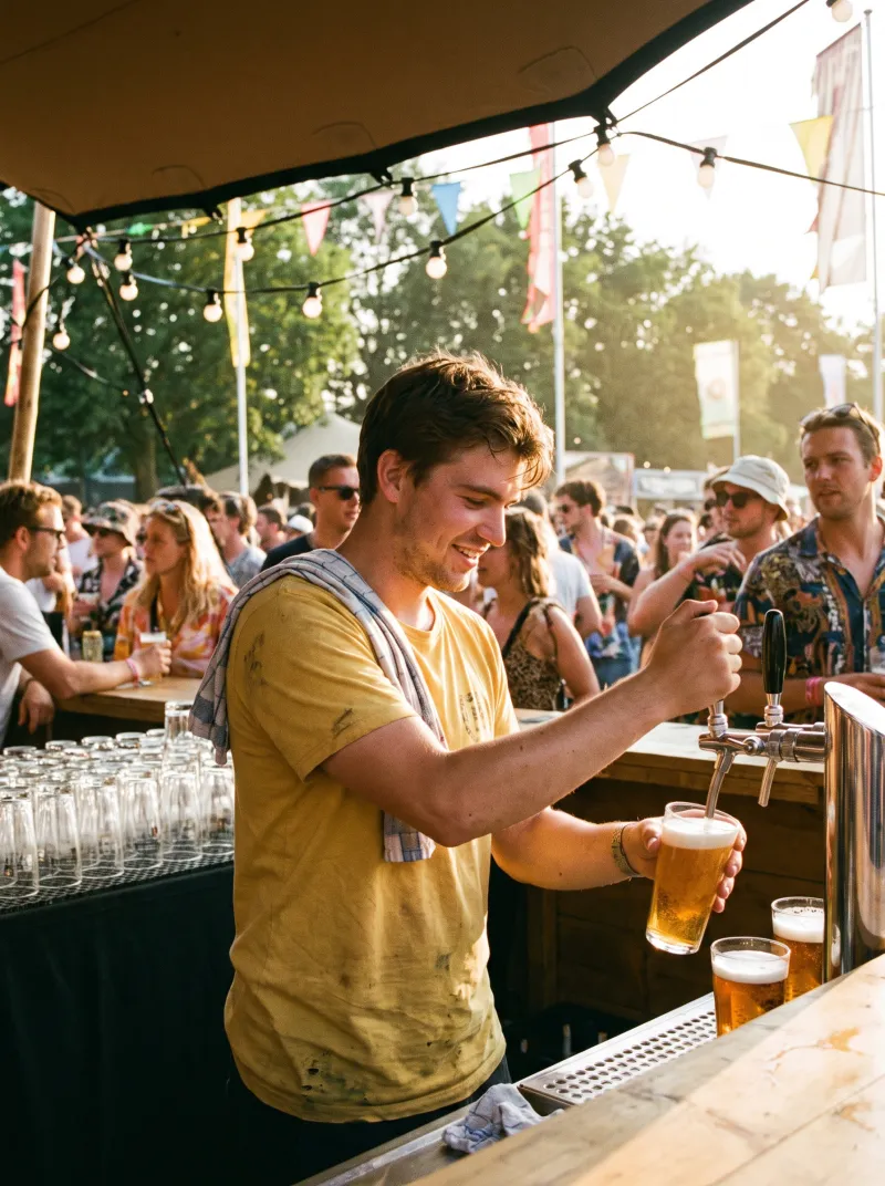 Student tapt twee bieren achter een drukke buitenbar op een festival